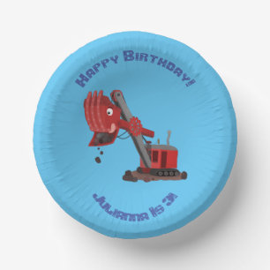 Cute red steam shovel digger cartoon illustration paper plate