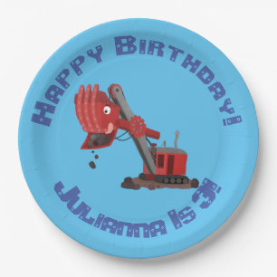 Cute red steam shovel digger cartoon illustration paper plate