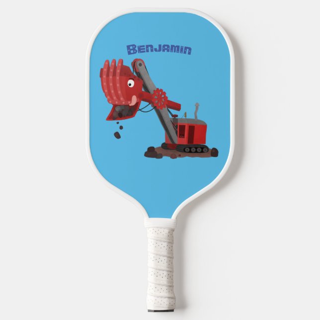 Cute red steam shovel digger cartoon illustration pickleball paddle (Front)