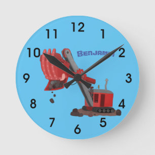 Cute red steam shovel digger cartoon illustration round clock