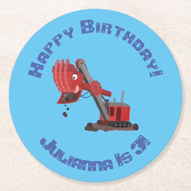 Cute red steam shovel digger cartoon illustration round paper coaster (Front)