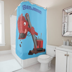 Cute red steam shovel digger cartoon illustration shower curtain