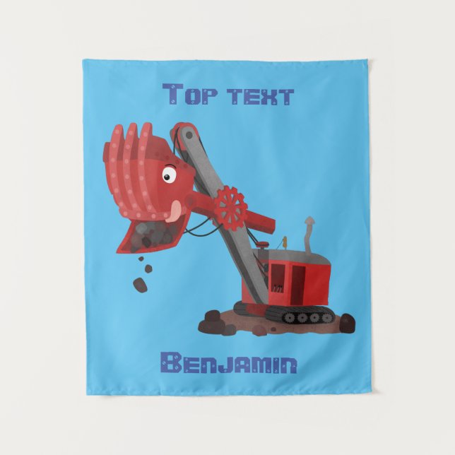 Cute red steam shovel digger cartoon illustration  tapestry (Front)