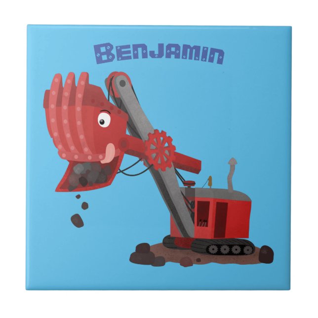 Cute red steam shovel digger cartoon illustration tile (Front)