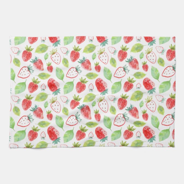 Cute Red Strawberries Green Leaves Outlines Tea Towel (Horizontal)
