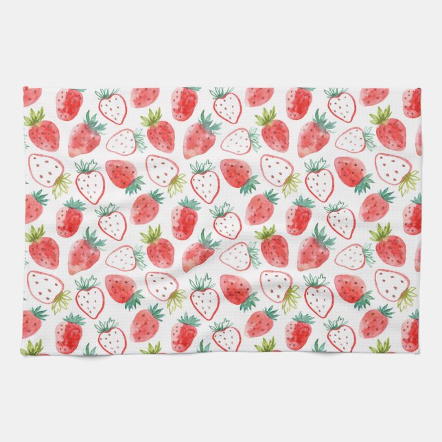 Cute Red Strawberries Green Leaves Tea Towel (Horizontal)