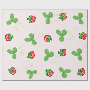 Cute Red Strawberry and Green Clover Leaves Patter Wrapping Paper