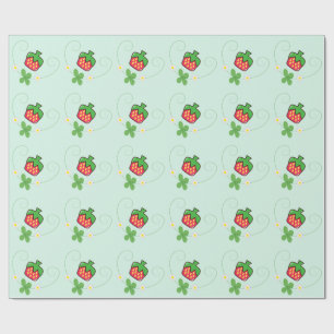 Cute Red Strawberry and Green Clover Leaves Wrapping Paper