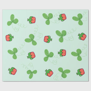 Cute Red Strawberry and Green Clover Leaves Wrapping Paper
