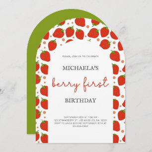 Cute Red Strawberry Berry First Birthday Invitation