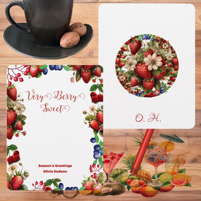 Cute Red Strawberry Blue Berry Sweet Modern Script Card (Cute Red Strawberry Blue Berry Sweet Modern Script Note Card)