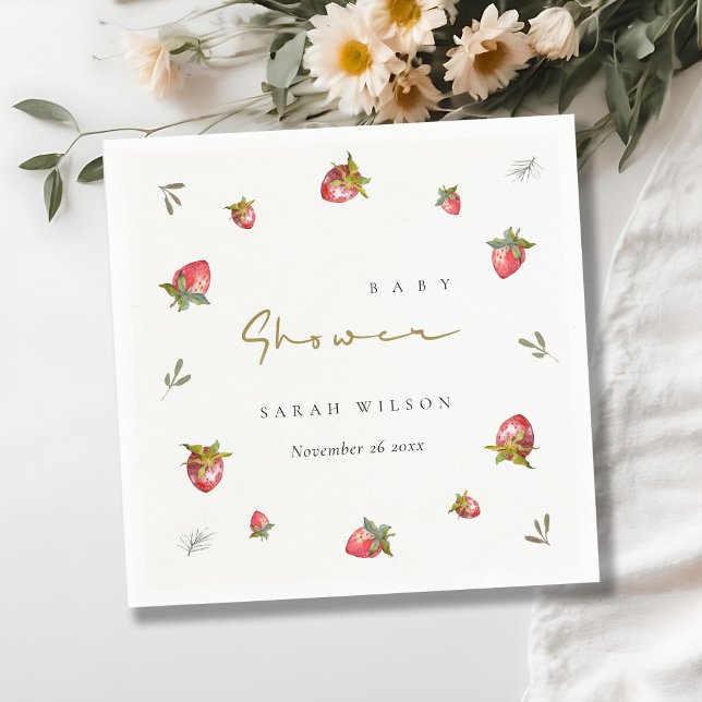 Cute Red Strawberry Leafy Botanical Baby Shower Napkin (Creator Uploaded)
