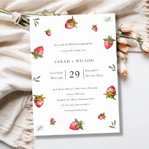 Cute Red Strawberry Leafy Botanical Wedding Invite