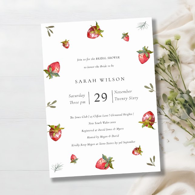 Cute Red Strawberry Leafy Bridal Shower Invite (Creator Uploaded)