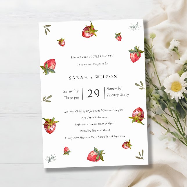 Cute Red Strawberry Leafy Couples Shower Invite (Creator Uploaded)
