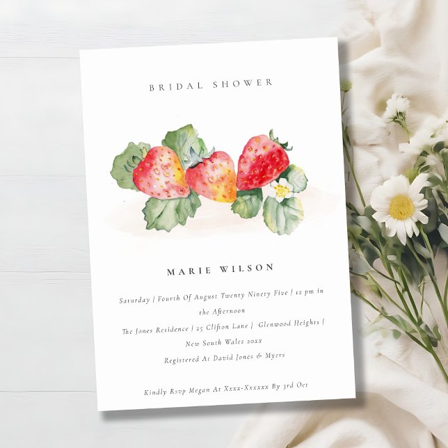 Cute Red Strawberry Leafy Foliage Bridal Shower Invitation (Creator Uploaded)