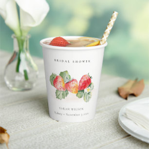 Cute Red Strawberry Leafy Foliage Bridal Shower Paper Cups