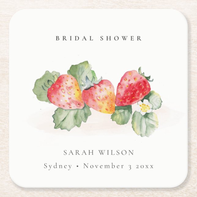 Cute Red Strawberry Leafy Foliage Bridal Shower Square Paper Coaster (Front)