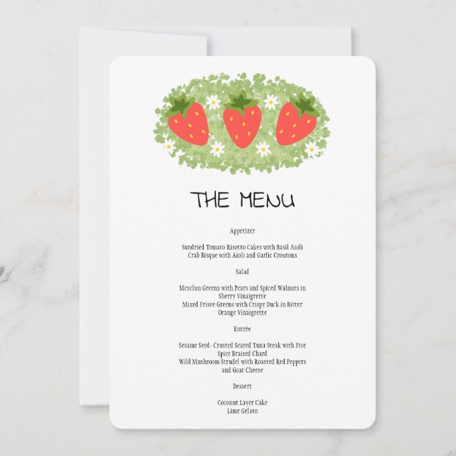 Cute Red Strawberry Leafy Wedding Menu Invitation (Front)