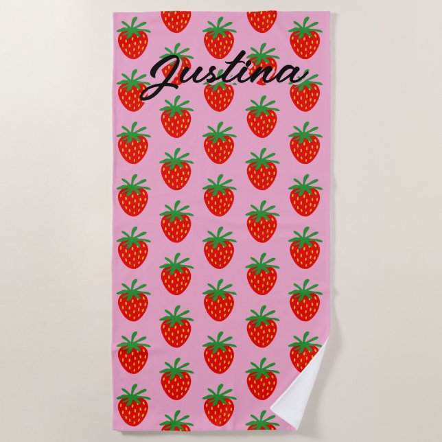 Cute red strawberry pattern personalised beach towel (Front)