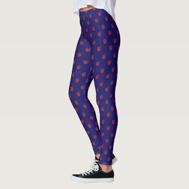 Cute Red Strawberry Polka Dot on Dark Blue Leggings (Left)