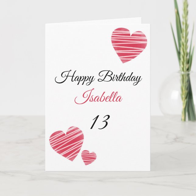 Cute Red Striped Watercolor Hearts 13th Birthday Card (Front)