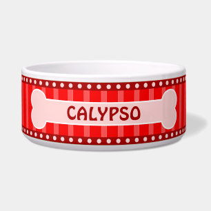 Cute Red Stripes Bone and Paws Large Dog Bowl
