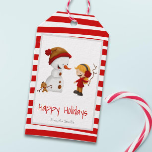 Cute Red Stripes Girl Dog Snowman Christmas Gift Tags