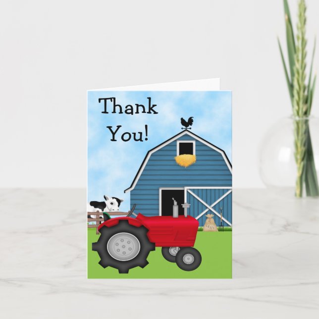 Cute Red Tractor and Blue Barn Thank You Card (Front)