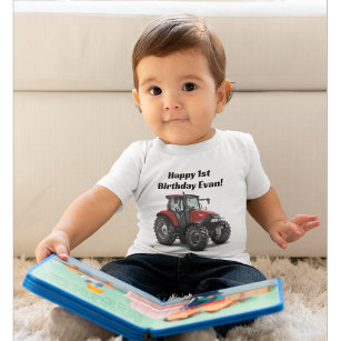 Cute Red Tractor Farm Equipment 1st Birthday Party Baby T-Shirt