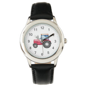 Cute Red Tractor Farm Watercolor Kids  Watch