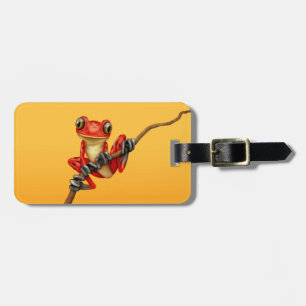 Cute Red Tree Frog on a Branch on Yellow Luggage Tag