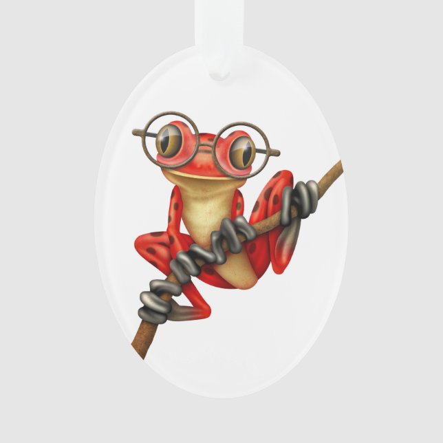 Cute Red Tree Frog with Eye Glasses on White Ornament (Front)