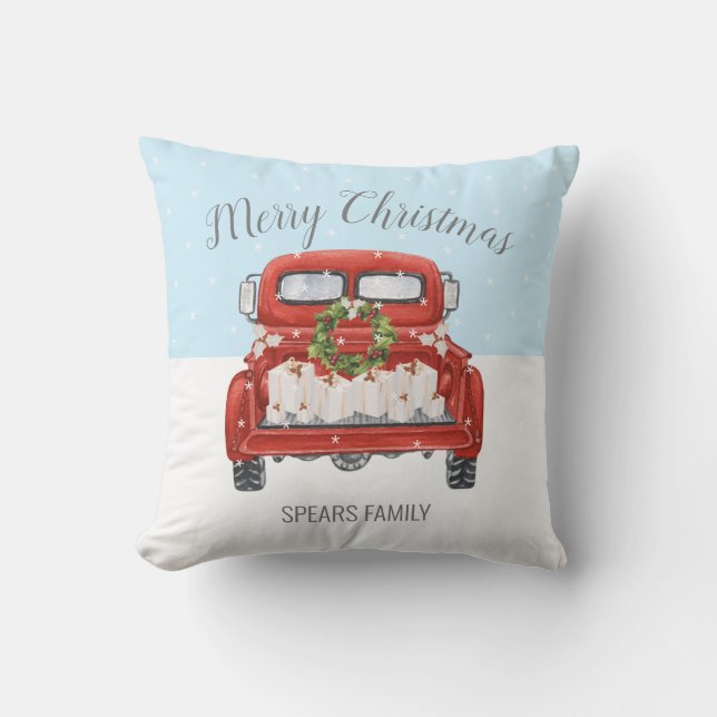 Cute Red Truck Blue White Christmas Throw Pillow (Front)