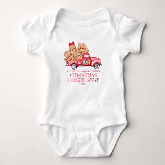 Cute Red Truck Christmas Cookie Swap Baby Bodysuit (Front)