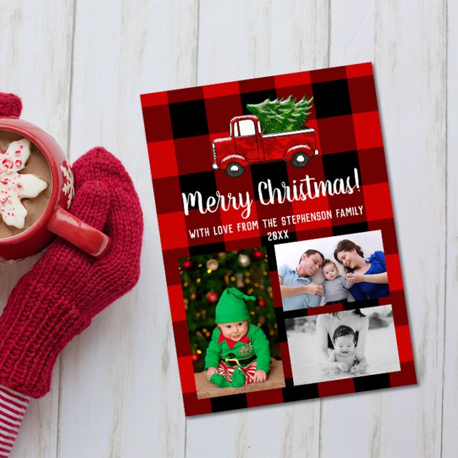 Cute Red Truck Rustic Christmas Family 3 Photo Invitation (cute red pickup truck buffalo plaid photo collage christmas card with grandkids)