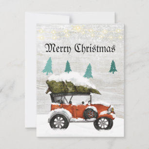 Cute red truck white weathered wood tree Christmas Card