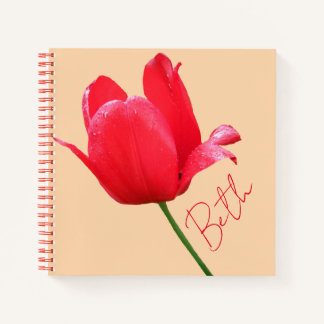 Cute red tulip floral customizable name Beth boho Notebook