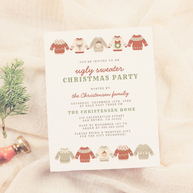 Cute Red Ugly Sweater Christmas Party Invitation Postcard (Creator Uploaded)
