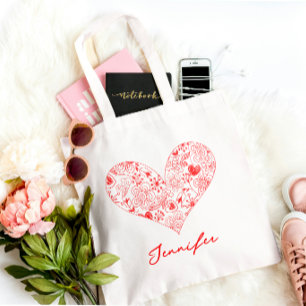 Cute Red Valentine's Day Floral Heart Custom Name  Tote Bag