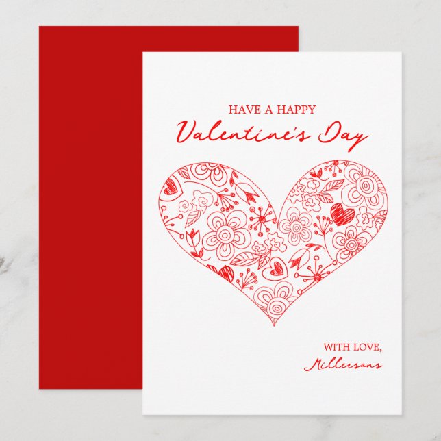 Cute Red Valentine's Day Floral Heart Family Name  Holiday Card (Front/Back)