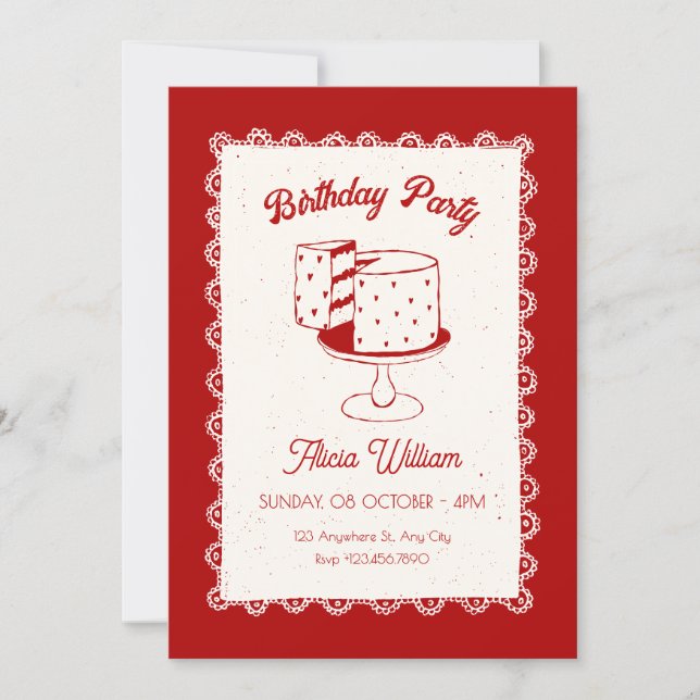 Cute red vintage cake coquette birthday invitation (Front)