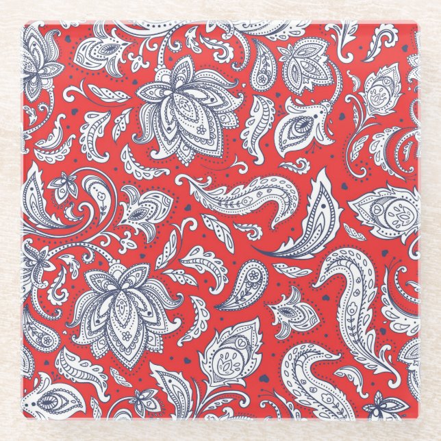 Cute red vintage flowers patterns glass coaster (Front)
