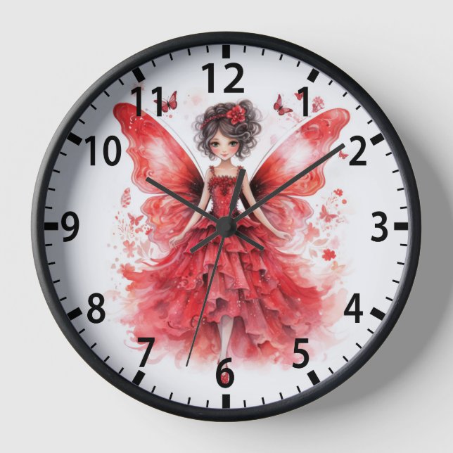 Cute Red Watercolor Fairy Girly Clock (Front)