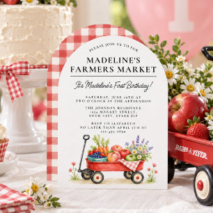 Cute Red Watercolor Farmers Market First Birthday Invitation