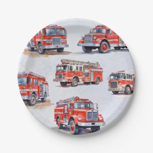 Cute Red Watercolor Firetruck Engine Paper Plate