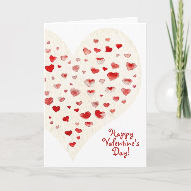 Cute Red Watercolor Hearts Valentine's Day White Holiday Card (Front)