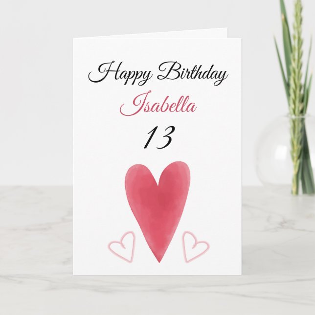 Cute Red Watercolor Long Heart 13th Birthday Card (Front)