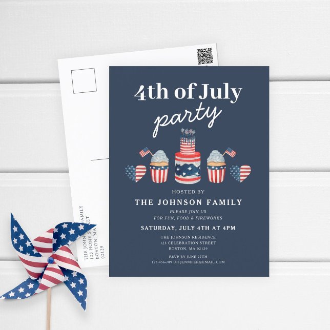 Cute Red White And Blue 4th Of July Party Invitation Postcard (Patriotic Red White & Blue 4th Of July Party Invitation Postcard)