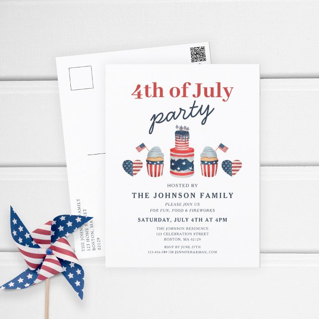 Cute Red White And Blue 4th Of July Party Invitation Postcard (Patriotic Red White & Blue 4th Of July Party Invitation Postcard)